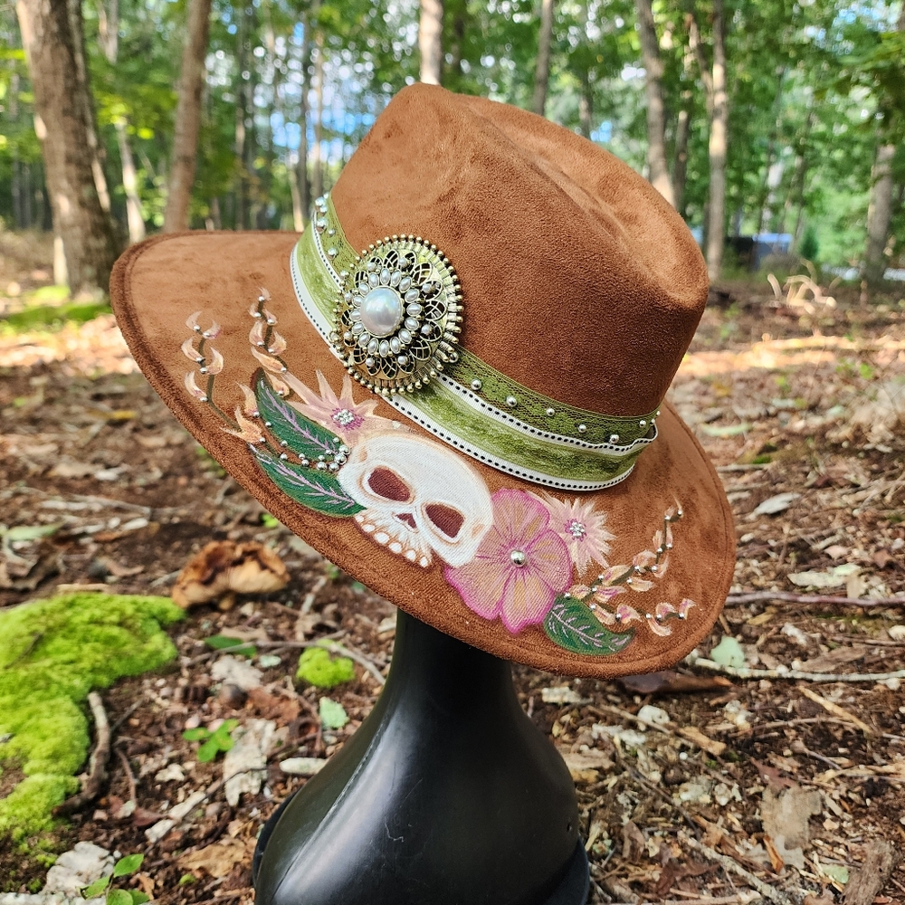 Skull & Floral Hand Painted Tan Vegan Suede Hat Large